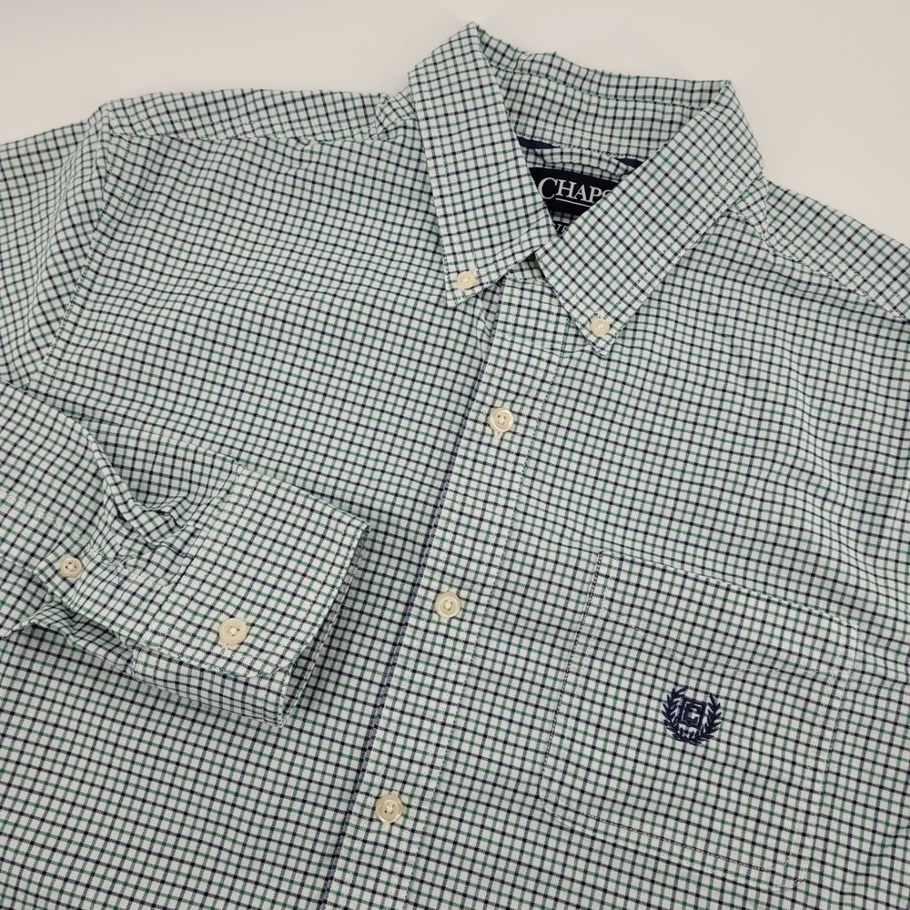 Chaps Mens M Stretch Oxford Green Navy Tattersall Check Button Down Preppy Shirt